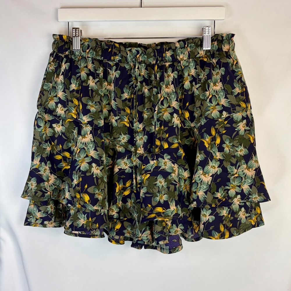 KISSMODA Womens XL Tibetan Green Floral Ruffle Skort Flowy Boho Cottagecore Mini
